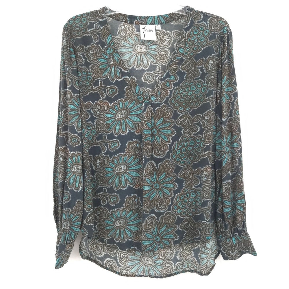 Finley Long Sleeve Popover Blouse Womens Size S Teal Brown Floral V-Neck Top